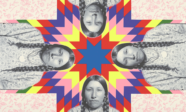 Print portrait of Wendy Red Star's Native American great-great grandmother repeated four times against a backdrop of star quilt patterns.