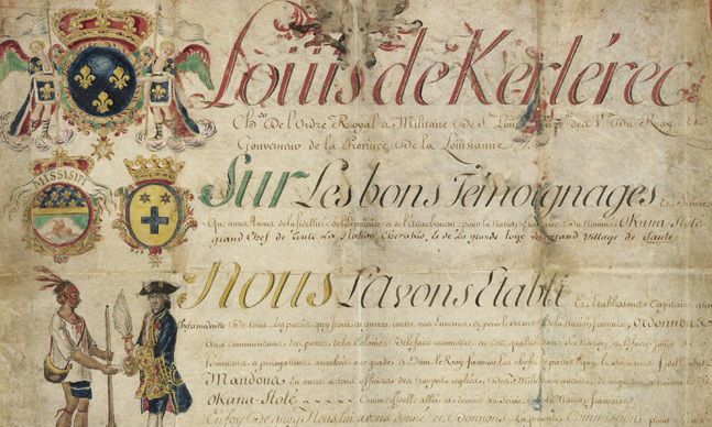 Tan document will colorful illustrations of heraldry and two individuals, a Native American and a French soldier, greeting each other. Handwritten text in French.