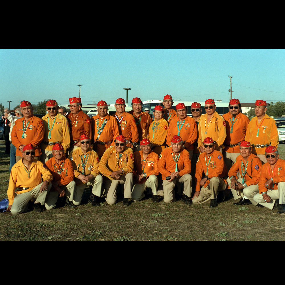 Members of the 3rd and 4th Division Navajo code talker platoons of World War II dressed in their unit's uniform