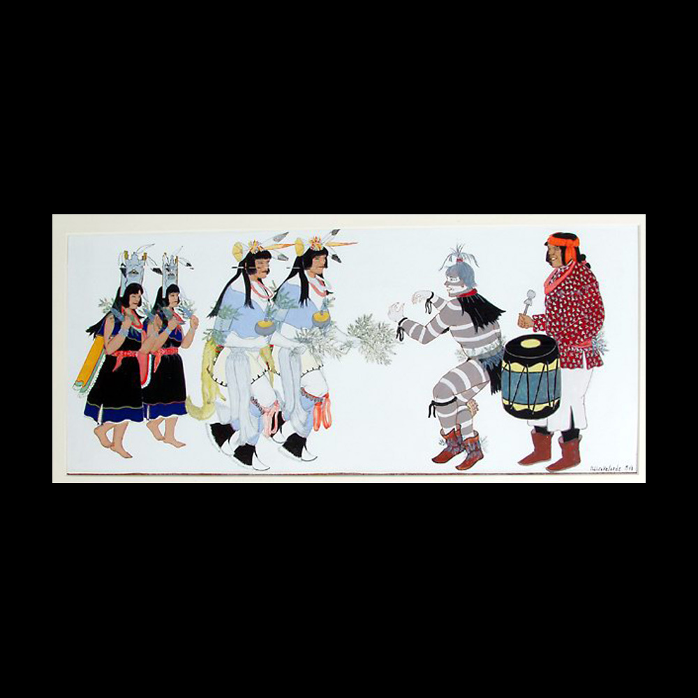 Mural painting of Native American dancers in their traditional corn dance attire.