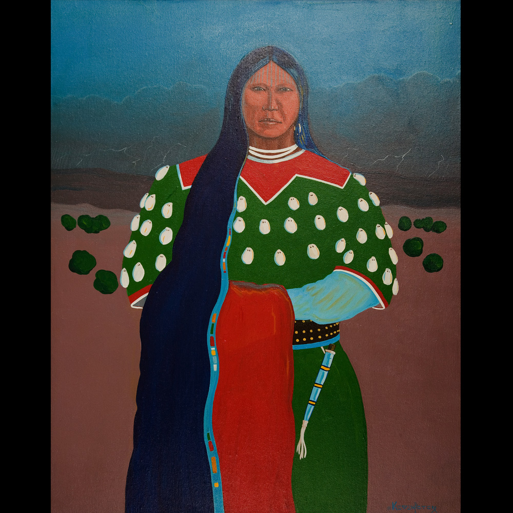 Painting of Native America woman in green and red tradition dress.