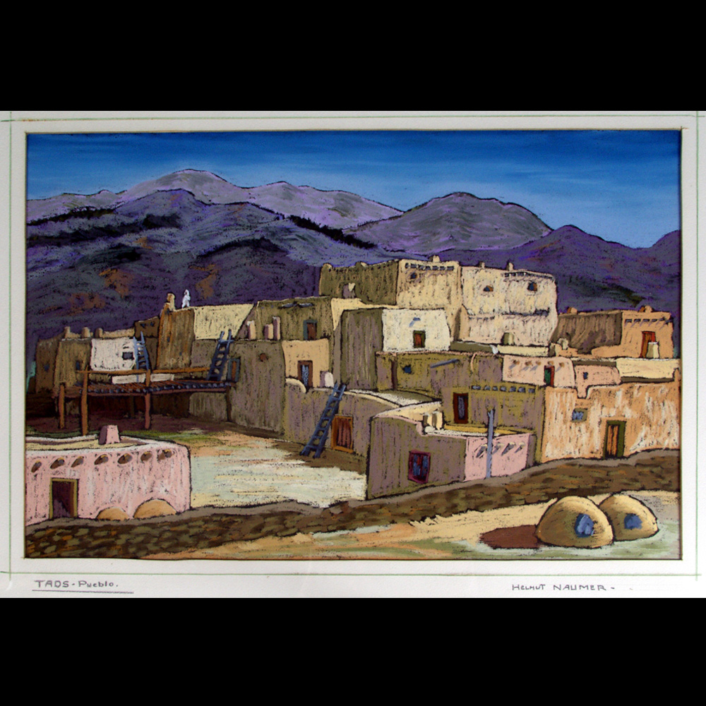 Oil painting of pueblo buildings