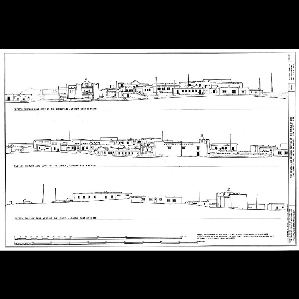 Architectural drawing of three groups of pueblo style buildings.