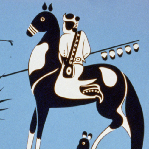 Detail of a poster for the Indian Court exhibit at the 1939 Golden Gate International Exposition in San Francisco showing an antelope hunt from a Navajo drawing.