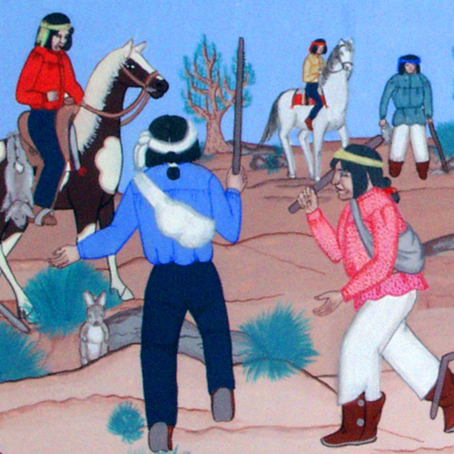 Detail from a color painting entitled Rabbit Hunt by Pablita Velarde showing men, women, and children of a pueblo joining in the communal activity, circa 1940
