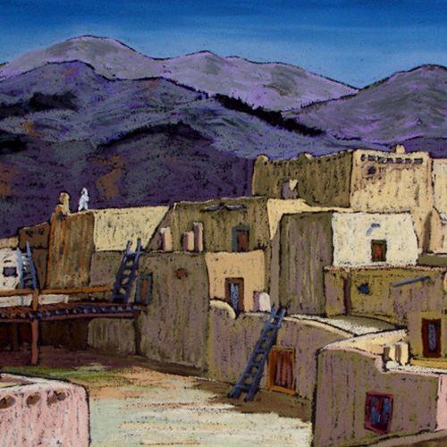 oil painting of pueblo buildings