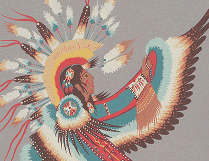 Screen print of American Indian, in elaborate costume, dancing.