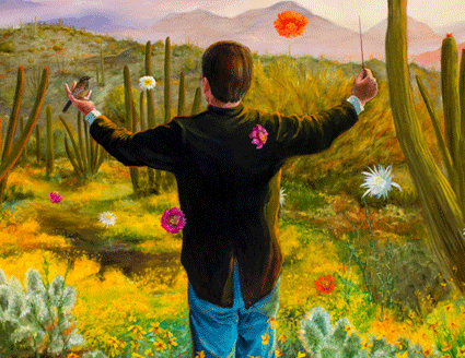 Contemporary Art of Steven Yazzie a person orchestrating with a blooming desert in the background